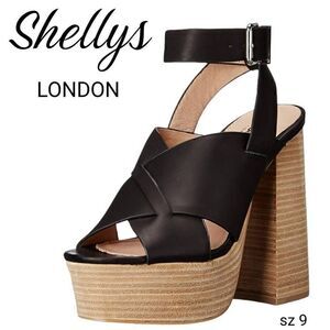 Shellys London Black Leather Ankle Strappy Bold Chunky Platform High Heels Shoes
